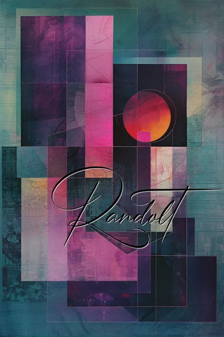 Abstract geometric design with layered rectangles in shades of purple, pink, and teal. Features circular sun-like shape and 'Randolt' text in script.