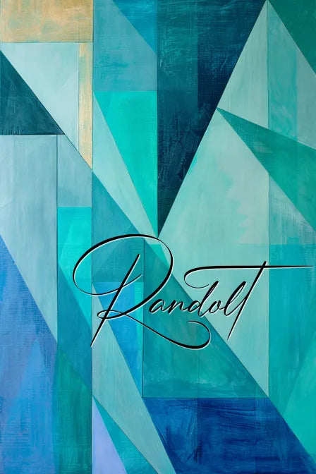 Geometric abstract painting featuring various shades of blue and green with intersecting triangles and rectangles. The word 'Randolt' is written in elegant cursive at the center.