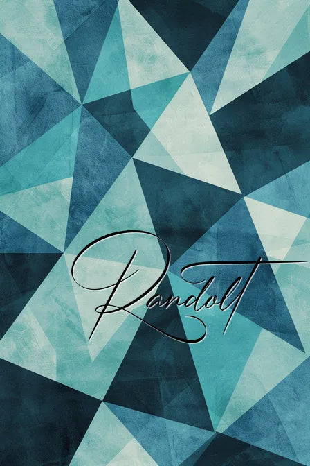 Abstract geometric design with intersecting teal, blue, and dark green triangles, featuring the word 'Randolt' in elegant cursive script.