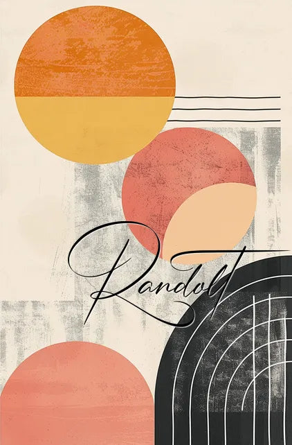 Abstract artwork featuring large textured orange, red, and pink circles and black arches with handwritten text 'Randolt'.