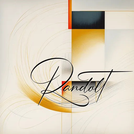 Abstract design with geometric shapes in beige, black, and orange hues, featuring swirling lines and the word 'Randolt' in cursive.