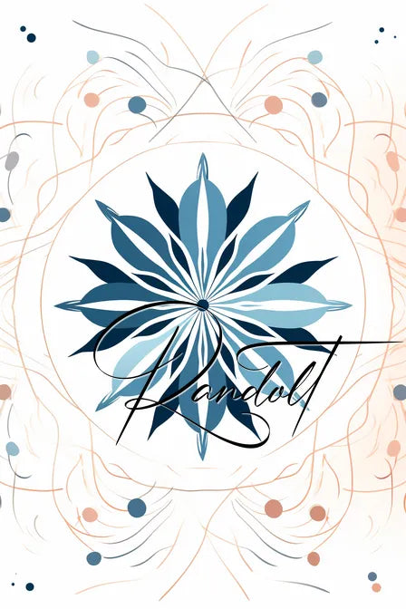 Geometric floral pattern with blue and teal petals at the center, surrounded by abstract lines and dots, featuring the cursive word 'Handout' overlaying the design.