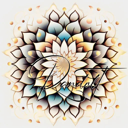 Intricate mandala design featuring symmetrical patterns with a mix of pastel shades, centered on a flower-like motif with the text 'Dandwt' overlaying the design.