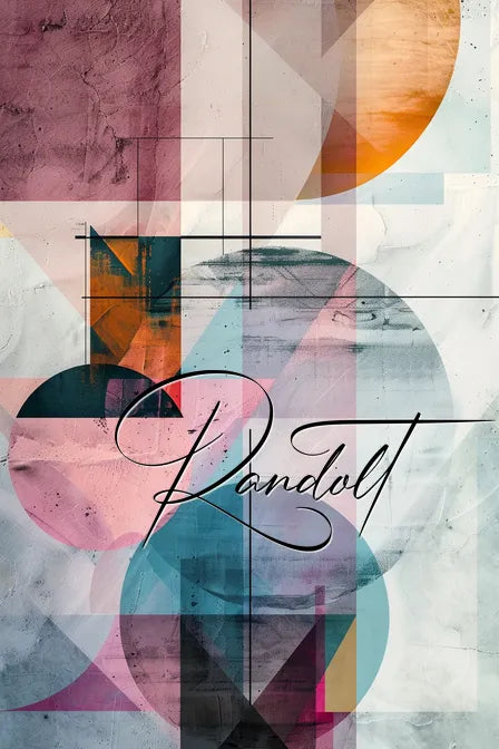 Abstract geometric design featuring overlapping shapes in soft hues of pink, blue, orange, and gray with handwritten text 'Randolt'.