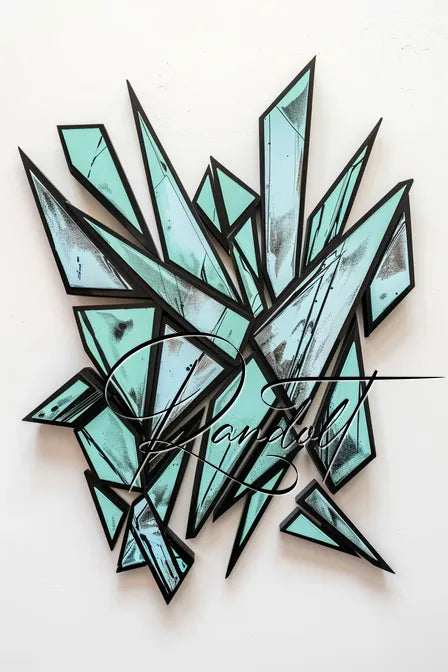 Modern abstract wall art featuring sharp turquoise geometric shapes outlined in black, arranged in an intricate pattern.