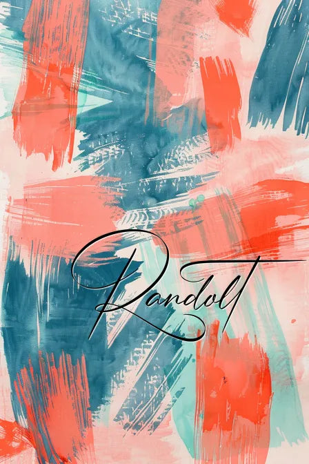 Abstract painting with bold red and teal brush strokes on a light peach background, featuring the word 'Randolt' in elegant script.