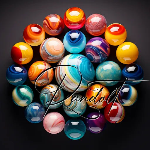 Vibrant design featuring a circular arrangement of colorful marbles with swirling patterns and different hues, set against a dark background.