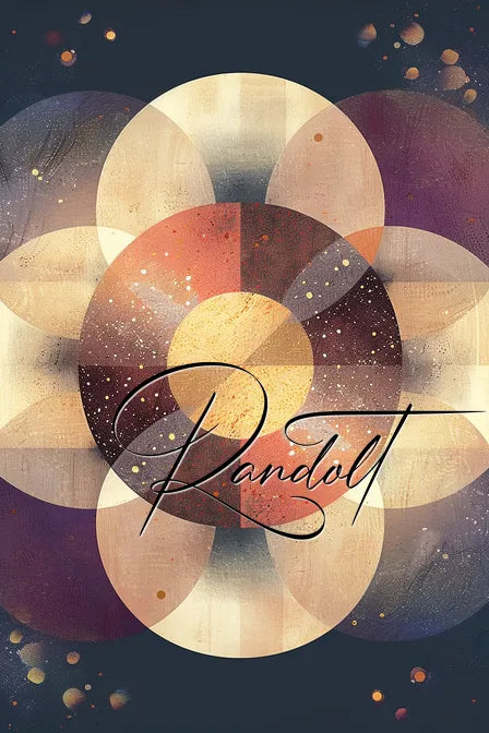 Abstract design with overlapping circles and geometric shapes in shades of yellow, orange, and purple on a dark background. The name 'Randolt' is written in cursive font across the center.