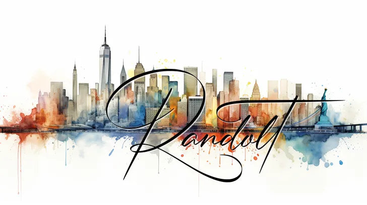 Colorful watercolor painting of a city skyline with handwritten text 'Randolt' in front.