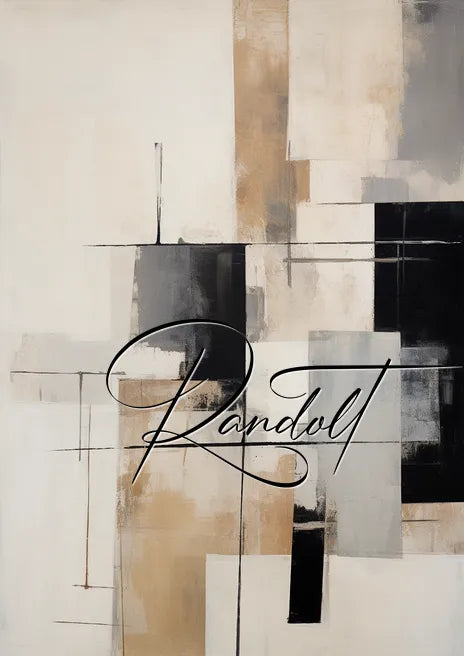 Abstract painting with beige, black, and gray geometric blocks, intersecting lines, and the stylized word 'Randwl' written in cursive.