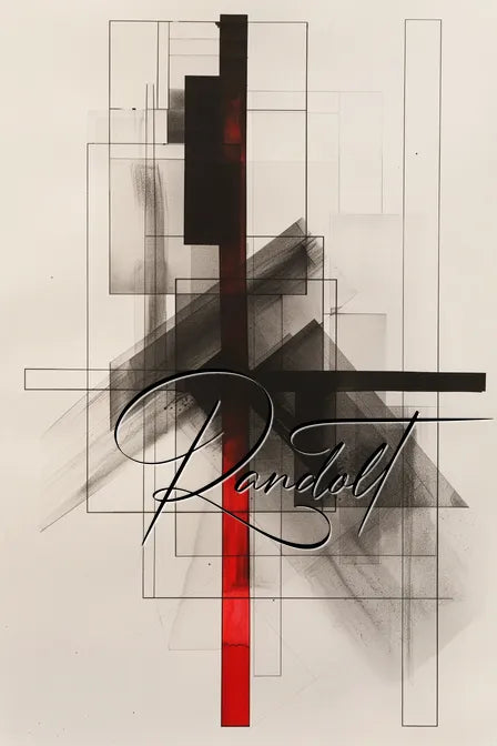 Abstract geometric design featuring intersecting lines and shapes in black, gray, and red, with the signature 'Randolt' in cursive.