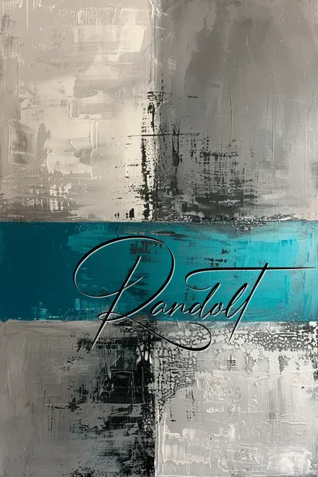 Abstract painting with a blue horizontal stripe across a textured gray and black background, overlaid with cursive text 'Randolt'.