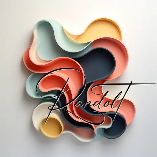 Abstract design with overlapping, curved shapes in pastel colors, including pink, blue, yellow, and beige, with the word 'Randolt' written in elegant cursive font.