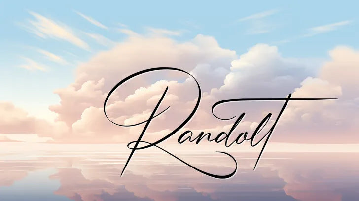 Serene scene with fluffy clouds against a blue sky, reflected on a calm body of water. The word 'Randolt' is written in elegant cursive.