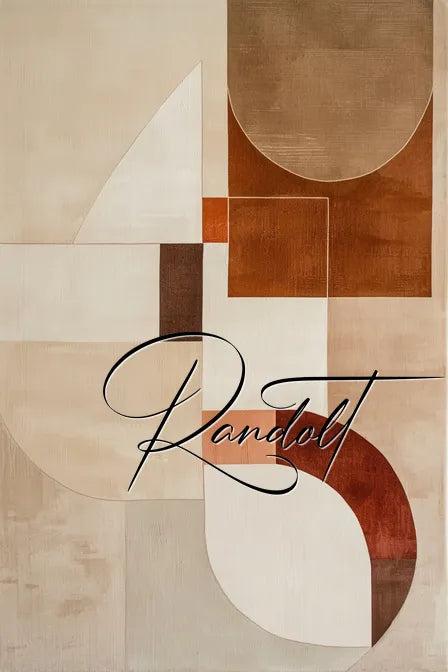 Abstract geometric painting with beige, white, brown, and orange shapes. The word 'Randolt' is written in cursive font.