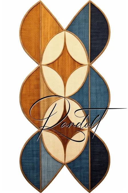 Geometric design featuring overlapping leaf shapes in shades of blue, orange, and beige, with a distinctive signature in the center.