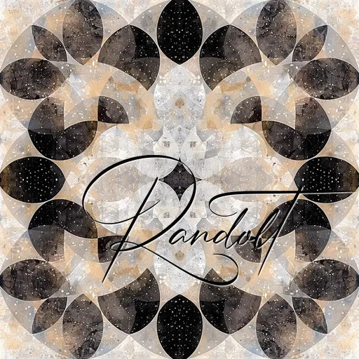 Geometric abstract design with overlapping circles and semi-circles in shades of gray, black, and tan, with the word 'Randolf' in elegant cursive at the center.