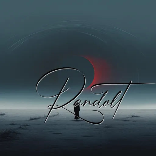 Surreal digital artwork featuring a foggy landscape with a dark, crescent moon. A figure facing away stands in the foreground with the word 'Randolt' in elegant script overlaying the scene.