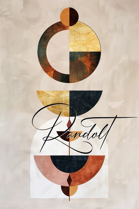 Geometric abstract design with circular and semi-circular shapes in earthy tones of brown, black, and ochre, intersected by modern calligraphic text.