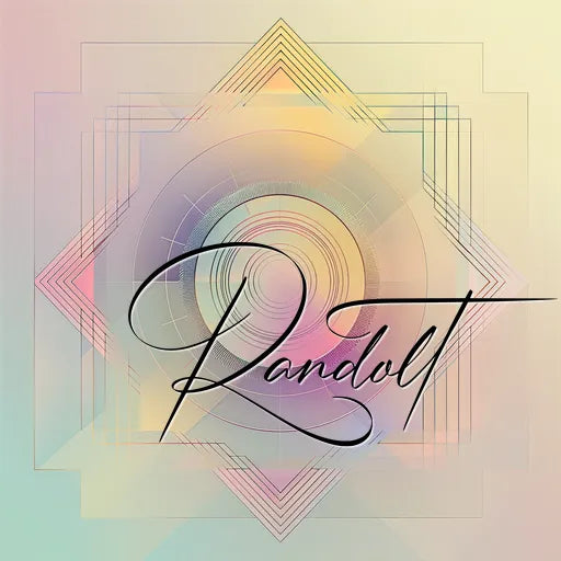 Abstract geometric design with layered squares and circles in pastel hues, featuring the word 'Randolt' in elegant cursive font.