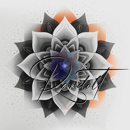 Intricate mandala design in black, white, and orange hues with detailed patterns and central blue element, overlaid with the word 'Resident' in elegant script.