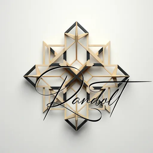 Geometric wooden wall art with interconnected triangles and the word 'Randolf' in elegant cursive at the center.