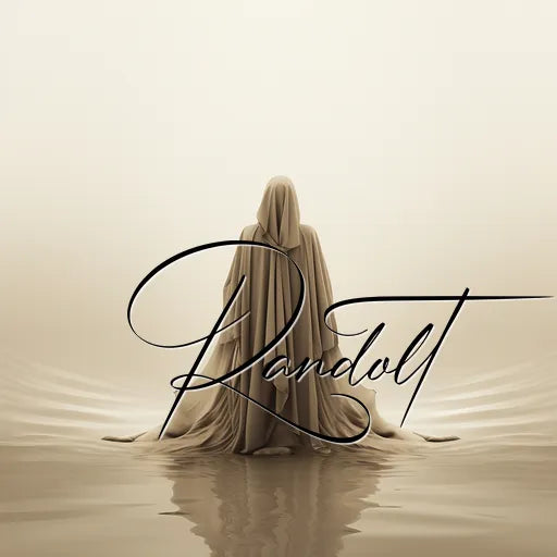 A minimalist digital art piece depicting a figure draped in flowing fabric sitting on the water's surface. The name 'Randolt' is elegantly written in cursive font overlaying the lower part of the image.