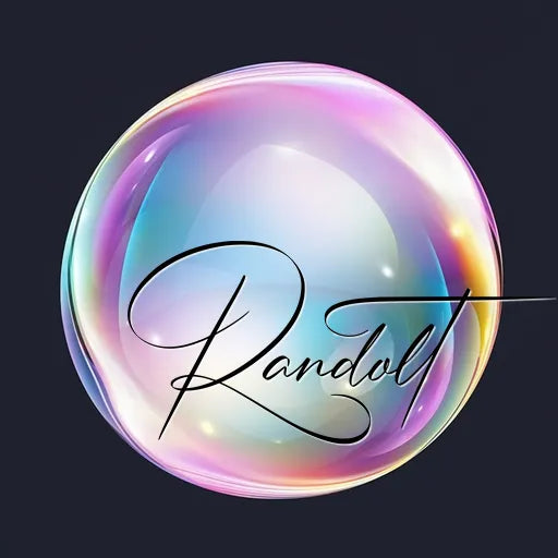 Logo design featuring the name 'Randolt' in elegant cursive script, centered within a colorful, glowing bubble against a dark background.