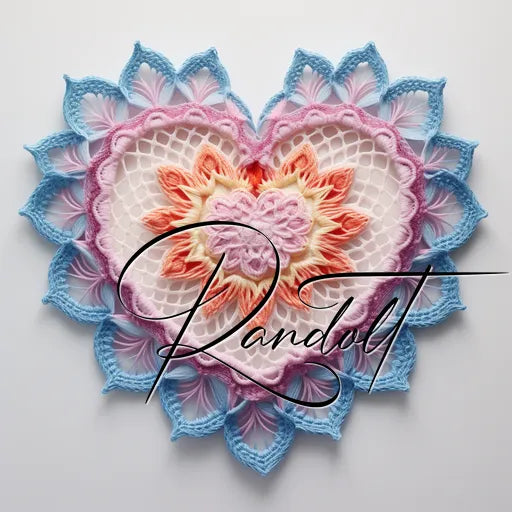 Intricate heart-shaped crochet design in multiple colors including pink, blue, and orange with delicate patterns, overlaid by stylized text reading 'Randolt'.