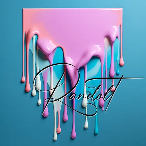 Multicolored paint drips in pink, purple, white, blue, and teal on a blue background with cursive 'Randolt' text overlay.