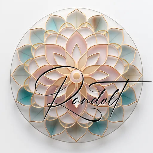 Abstract design featuring a circular, multi-layered flower pattern with pastel shades of pink, blue, and beige, overlaid with elegant cursive text.