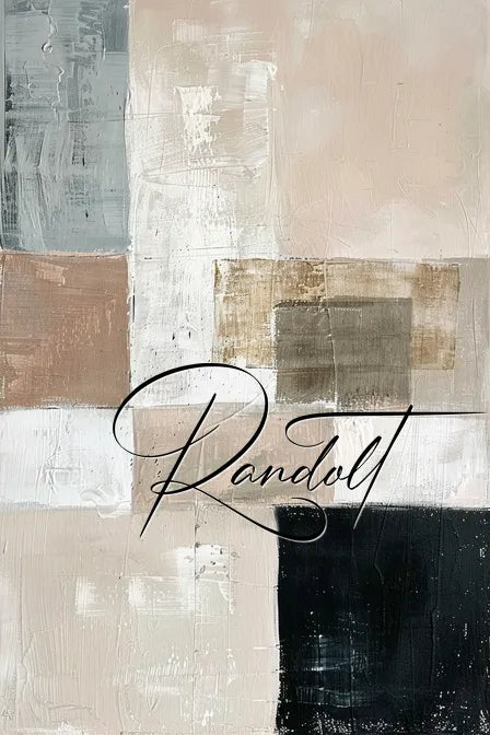 Abstract painting with rough texture, featuring a grid pattern of six rectangles in muted tones of grey, beige, tan, white, and black, overlaid with elegant cursive text 'Randolt' in the center.