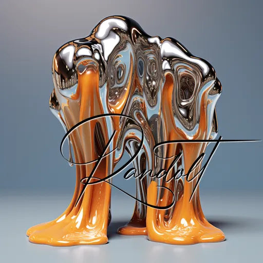 Abstract digital artwork featuring a chrome-like, melting liquid formation with drips of orange. The word 'Randlot' is overlaid in cursive script.