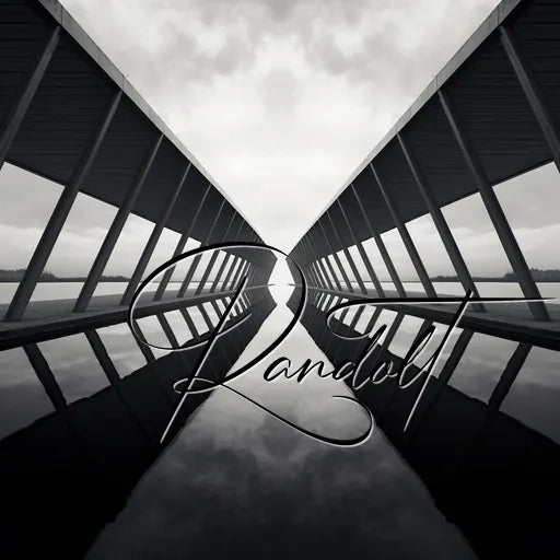 Symmetrical design featuring a black-and-white perspective of a modern bridge reflecting on water, with the word 'Randoll' elegantly scripted in the center.