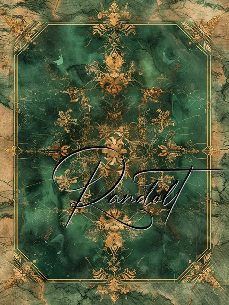 Elegant design featuring a green marble-like background with gold floral patterns and intricate border. Word 'Pandolt' written in cursive.