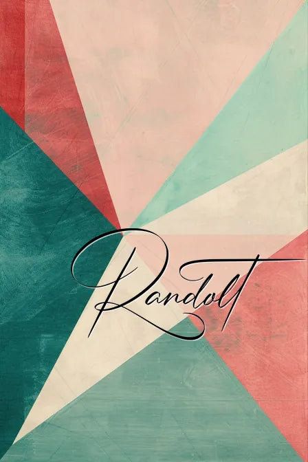 Abstract geometric design featuring pink, teal, and beige triangles intersecting. Black cursive text 'Randolt' overlays the design.