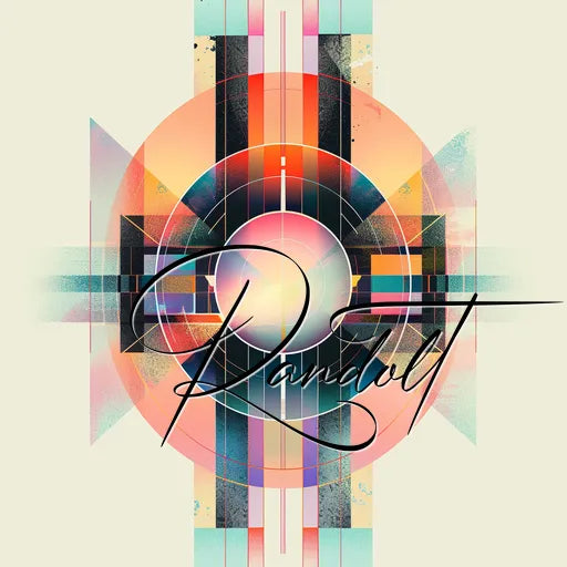 Abstract geometric design featuring vibrant, overlapping circles, squares, and lines. The composition has a central glowing orb and a modern, symmetrical layout with a mix of pastel and bold colors. Stylish script text overlays the design.