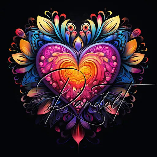 Colorful heart design with intricate patterns and floral elements against a black background, featuring vibrant pink, blue, yellow, and orange hues.