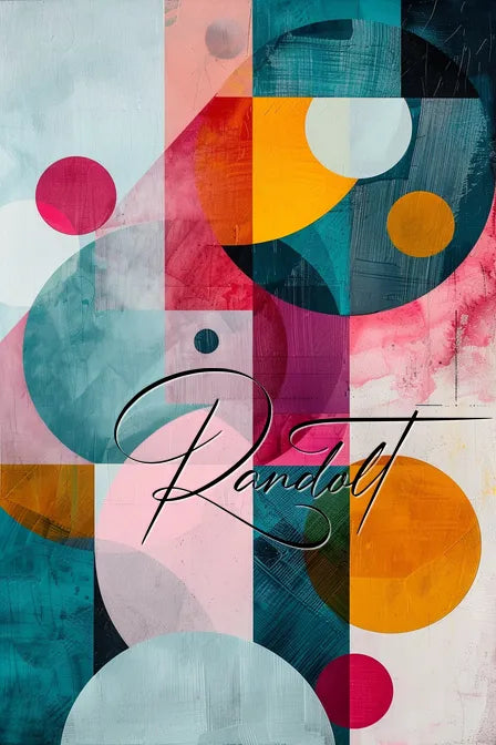 Abstract geometric painting with intersecting circles and rectangles in shades of teal, pink, yellow, and orange, featuring the word 'Randolt' in elegant script.