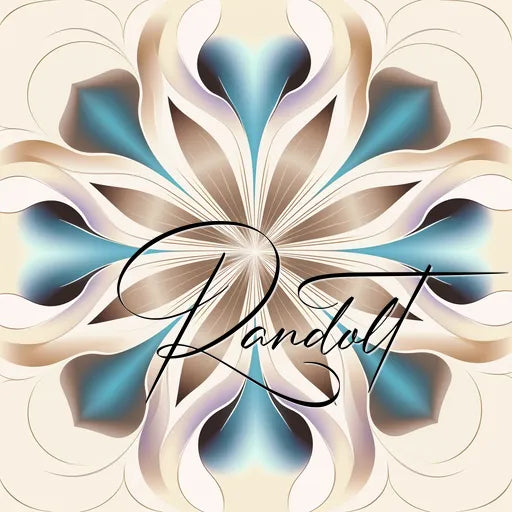 Floral abstract design with symmetric petals in shades of brown, white, blue, and teal. The word 'Randult' is elegantly written over it.