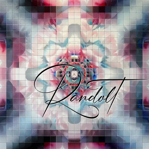 Abstract pixelated design with geometric patterns in shades of blue, purple, and pink, overlaid with a script text 'Randolt'.