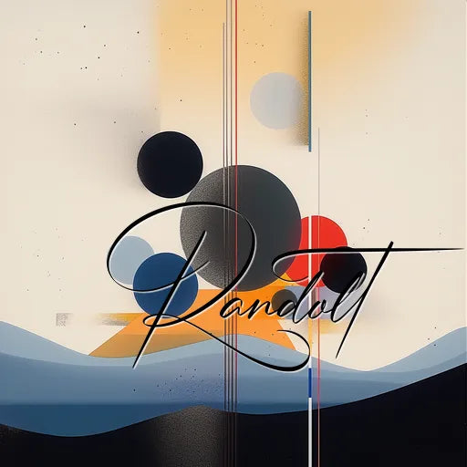 Abstract painting featuring a mix of geometric shapes, including circles and lines, with a blend of blues, blacks, and orange hues. The word 'Randot' is prominently displayed across the design.