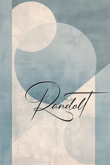 Minimalist design with geometric shapes in blue and cream tones, featuring overlapping circles and triangles. The word 'Randolt' is written in elegant, cursive font over the design.