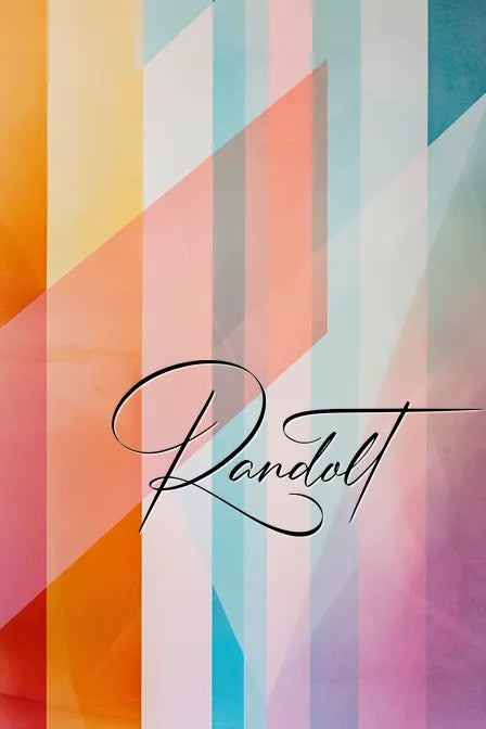 Abstract design with diagonal pastel stripes in shades of orange, yellow, pink, blue, and purple, with cursive 'Randolt' text overlay.