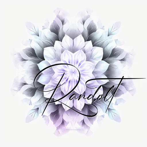 Elegant floral design with a central purple flower surrounded by light blue and white petals. The word 'Randwolt' is written in cursive over the flower.