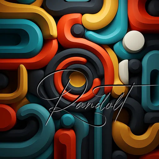 Abstract 3D design featuring intertwined, brightly colored cylindrical shapes in shades of turquoise, red, orange, white, and black with the name 'Randoll' written in elegant cursive script overlaying the design.