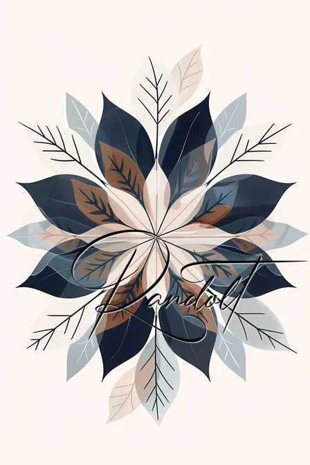 Abstract floral design with layered leaves in shades of blue, beige, and brown, intersected by thin branches.