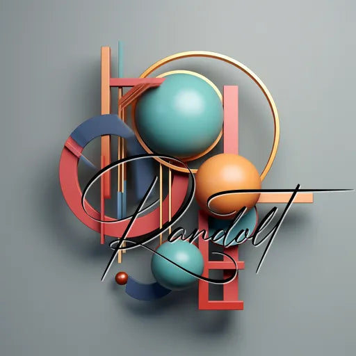 Abstract geometric composition featuring intersecting circles, rectangles, and spheres in bold colors, with cursive text overlay.