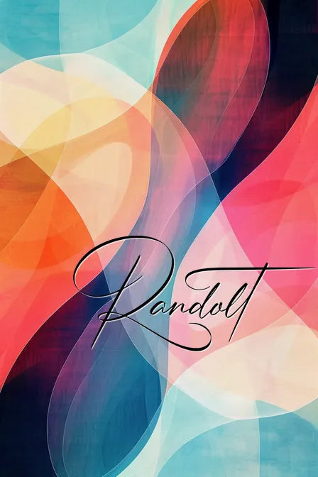 Abstract design with overlapping colorful shapes in blue, red, yellow, and orange hues, with the word 'Randot' written in elegant cursive font.