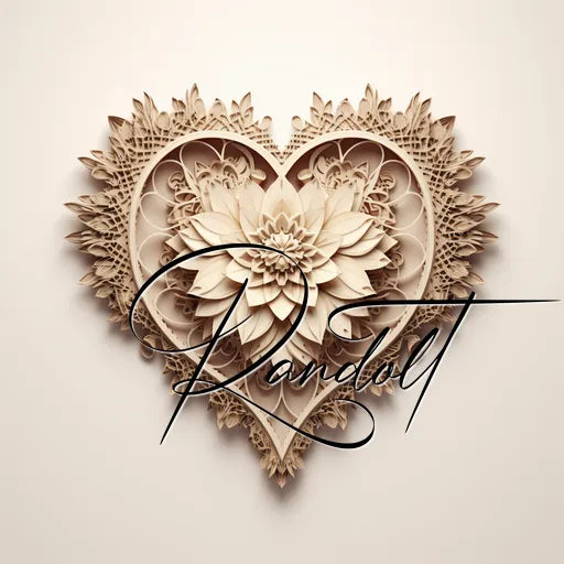 Intricately designed heart-shaped paper art with floral patterns, featuring a decorative script text overlay.